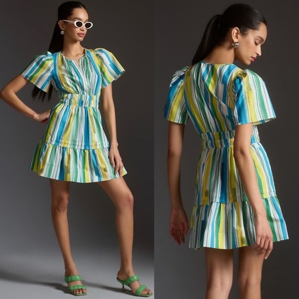 Anthropologie The‎ Somerset Mini Dress Striped Blue Green Smocked Tiered Pockets